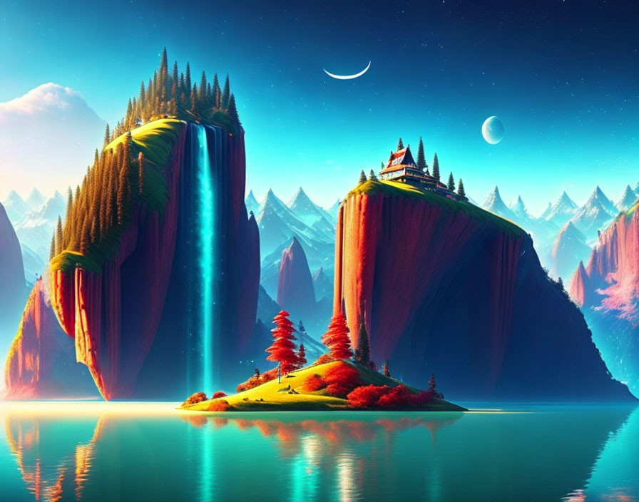 Surreal landscape with cliffs, waterfalls, lake, trees, and planets.