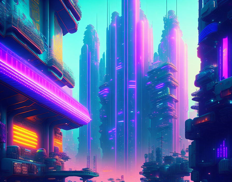 Neon-lit cyberpunk cityscape at dusk