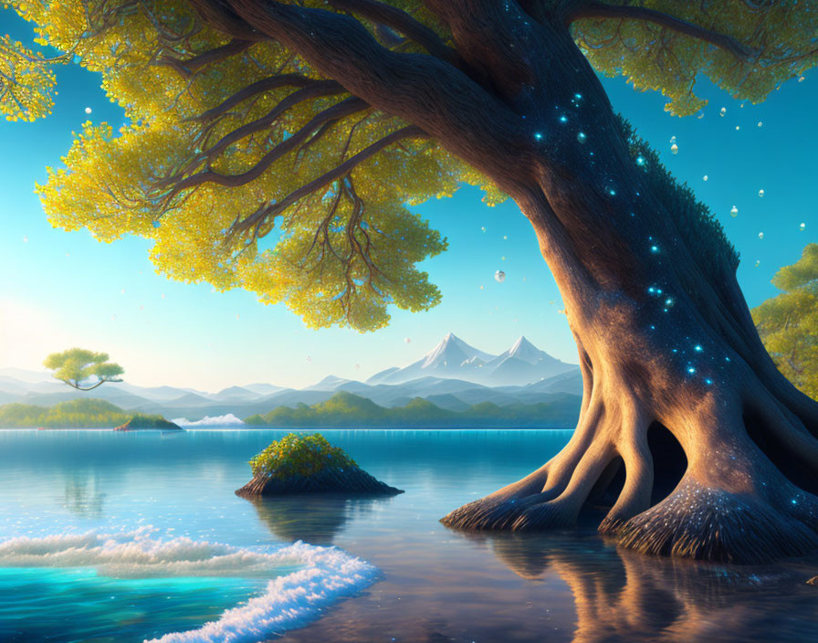 Majestic tree by glowing lake in serene landscape