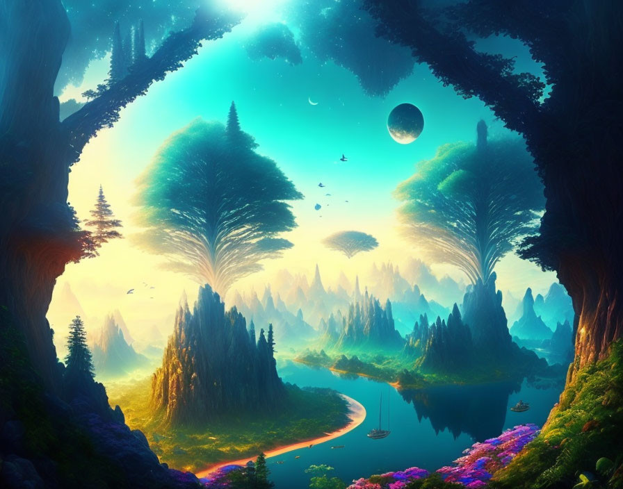 Colorful Fantasy Landscape with Trees, Islands, River, and Planets