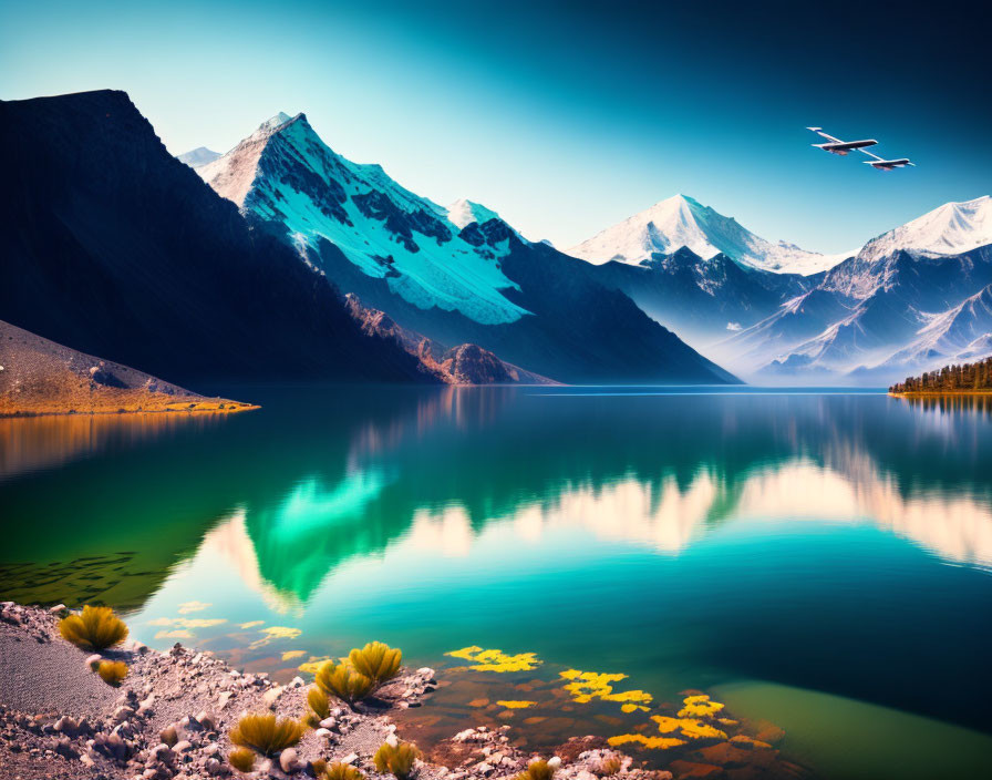 Snow-capped mountains mirrored in serene alpine lake with flying planes