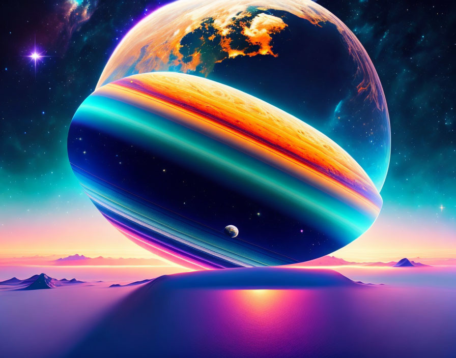 Multicolored ringed planet over serene sci-fi landscape