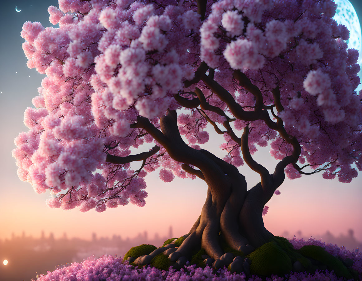 Cherry Blossom Tree in Full Bloom Against Sunset Sky