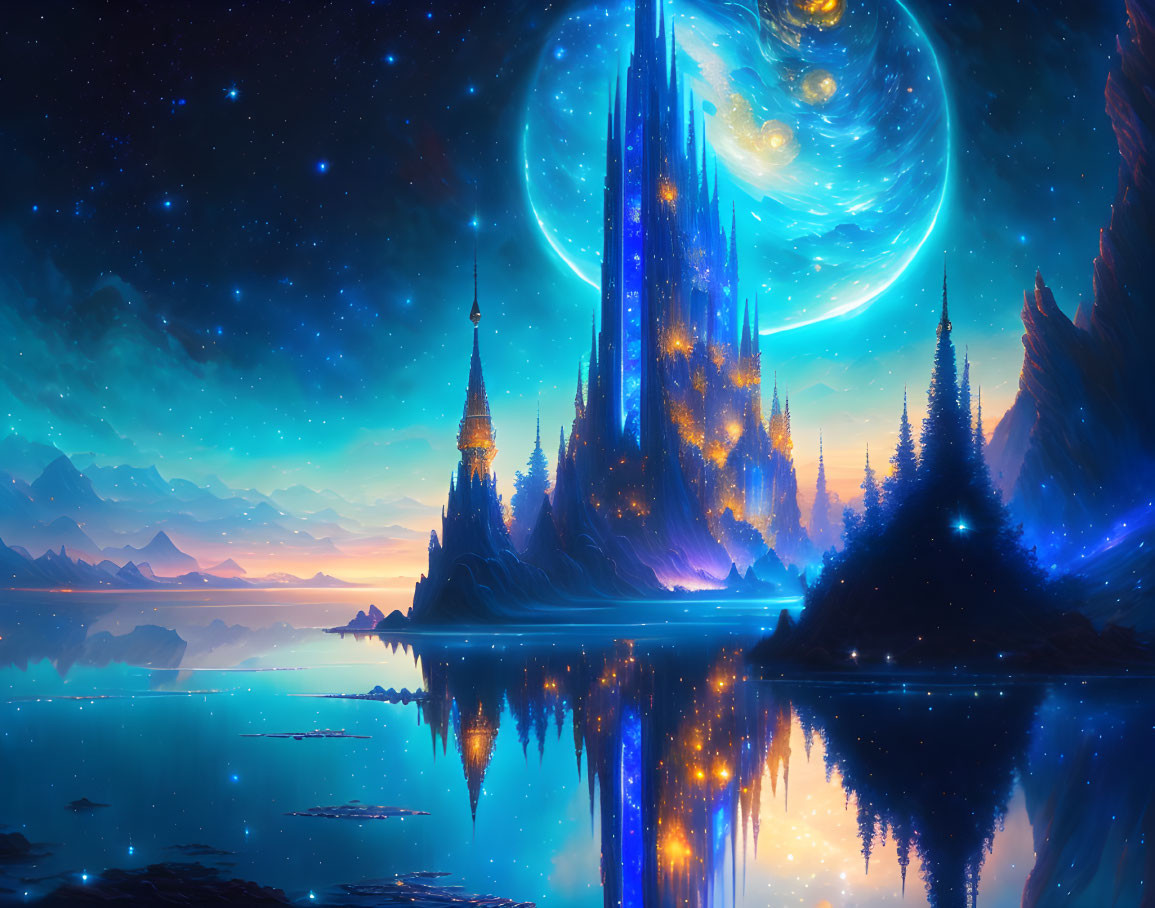 Fantastical digital artwork of luminous castle in mountain landscape