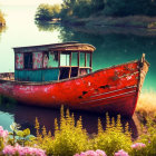 Weathered wooden boat by tranquil lake with lush foliage and pink flowers