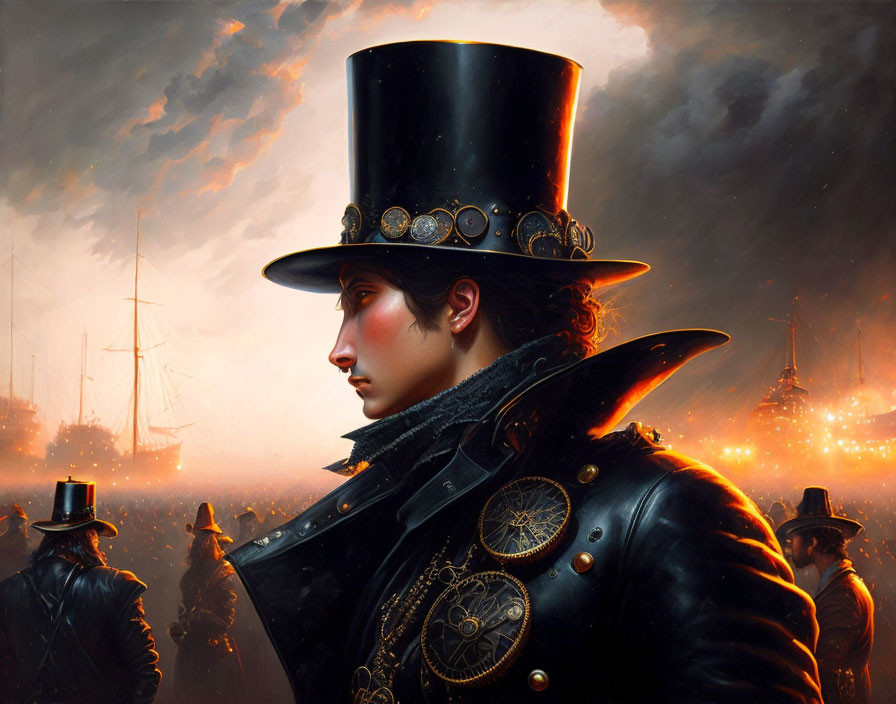 Steampunk-themed painting with person in top hat and industrial backdrop.