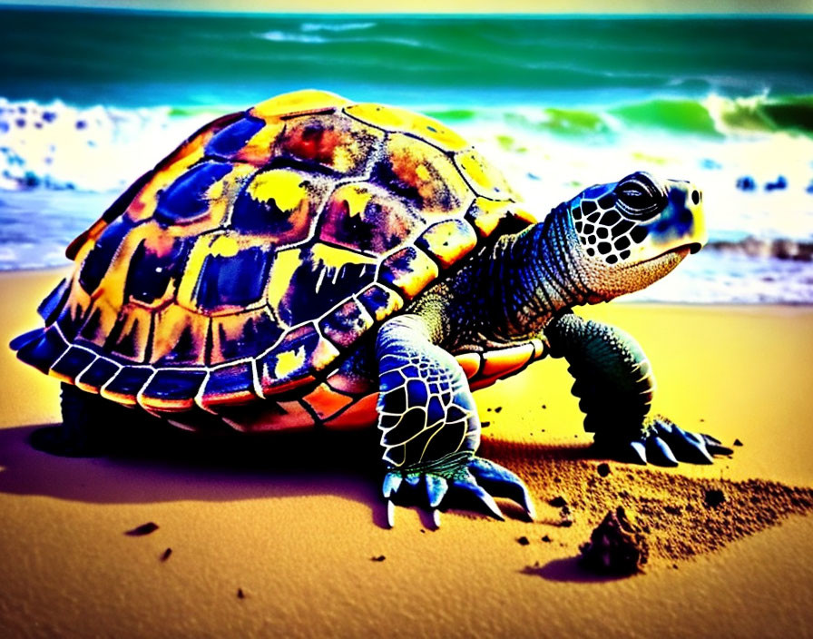 Colorful Sea Turtle on Sandy Beach with Ocean Background