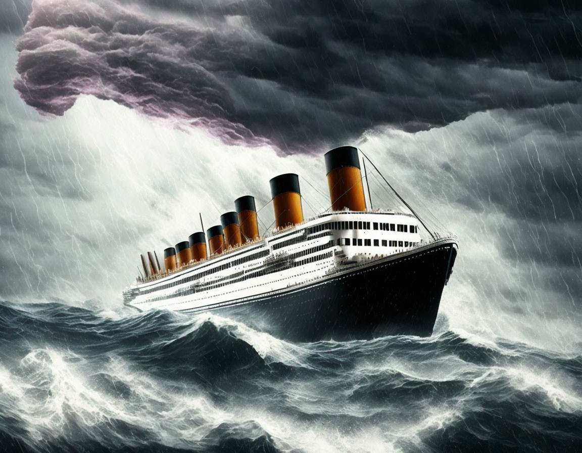 Vintage Ocean Liner Battles High Seas in Stormy Sky