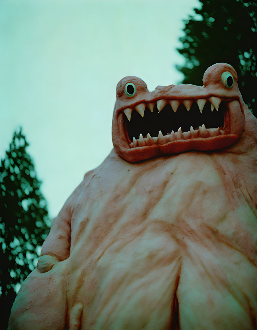 Cartoonish two-headed creature statue with sharp teeth and wide open mouths