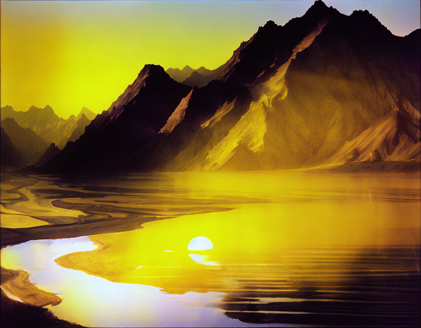 Majestic mountains frame tranquil river at dramatic sunset