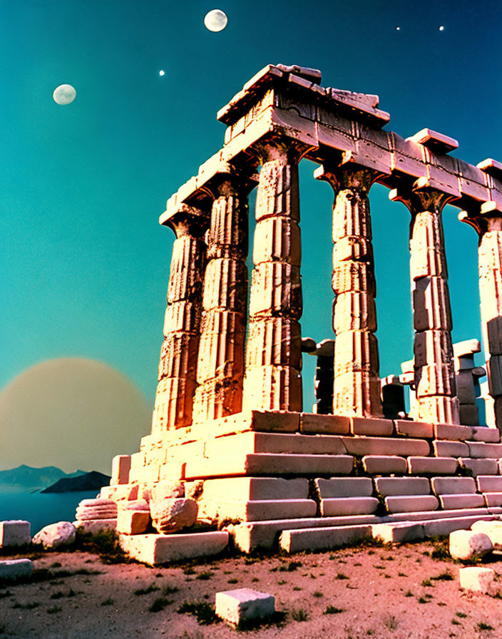 Ancient Temple Ruins with Doric Columns and Multiple Moons in Surreal Sky