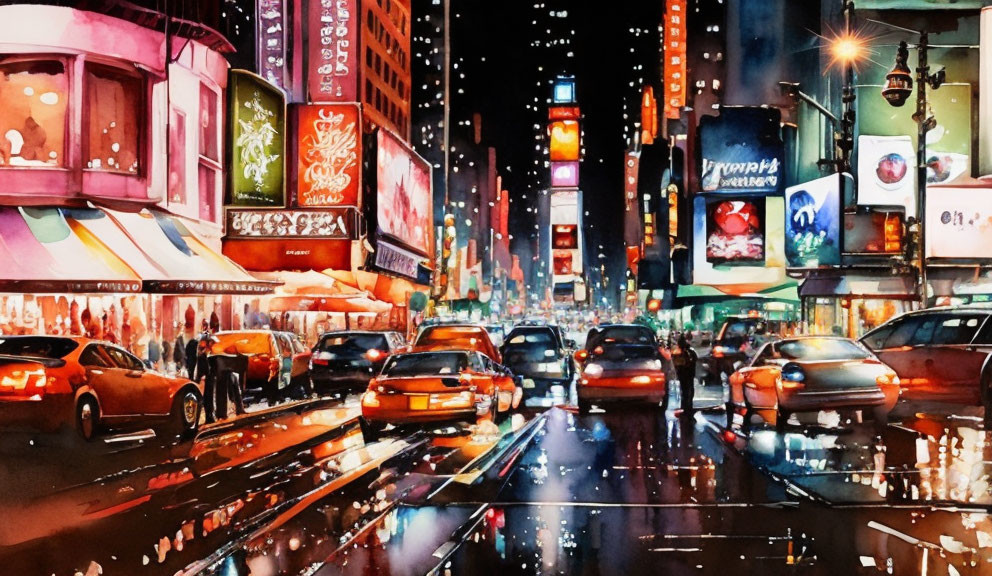 Vibrant watercolor painting of a city street at night with neon signs and reflections