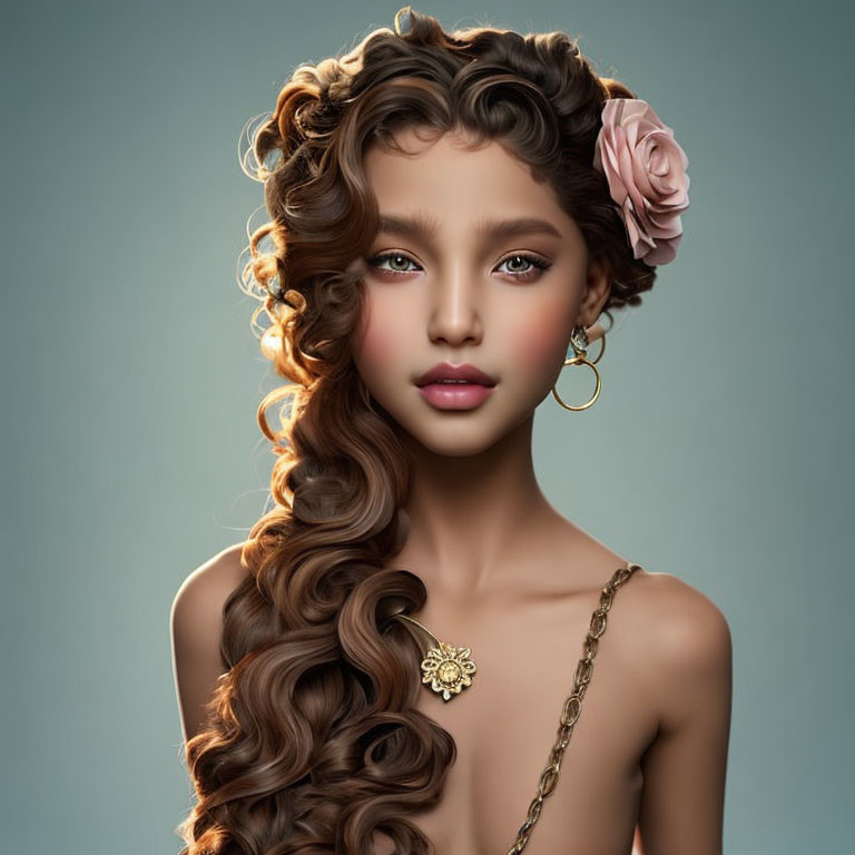 Digital artwork of woman with curly hair, pink flower, gold earrings, necklace