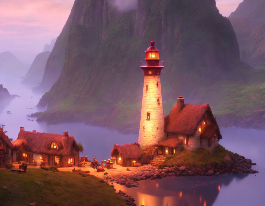 Glowing lighthouse and cottages by misty lake at dusk