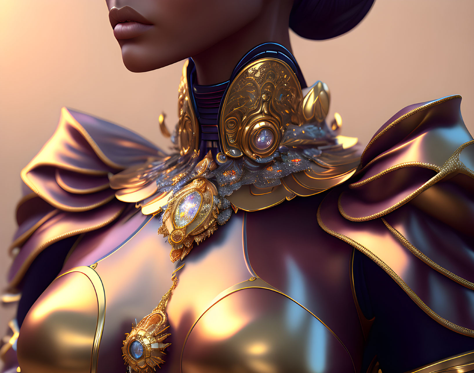 3D-rendered female figure with golden armor and jewel collar on warm background