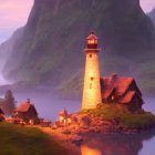 Glowing lighthouse and cottages by misty lake at dusk
