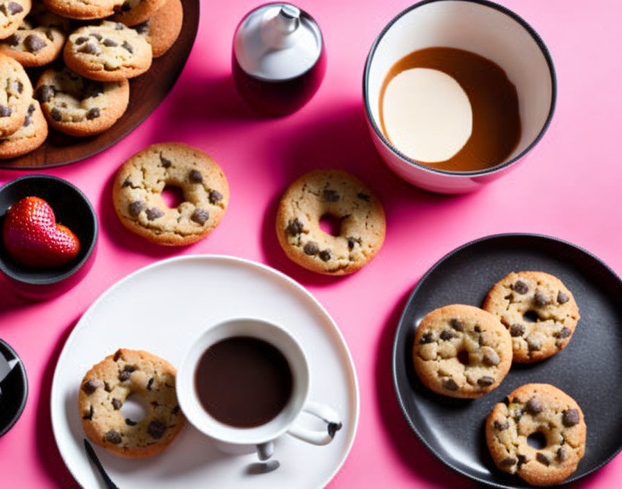 Chocolate Chip Cookies, Coffee, Milk, and Strawberries on Pink Surface