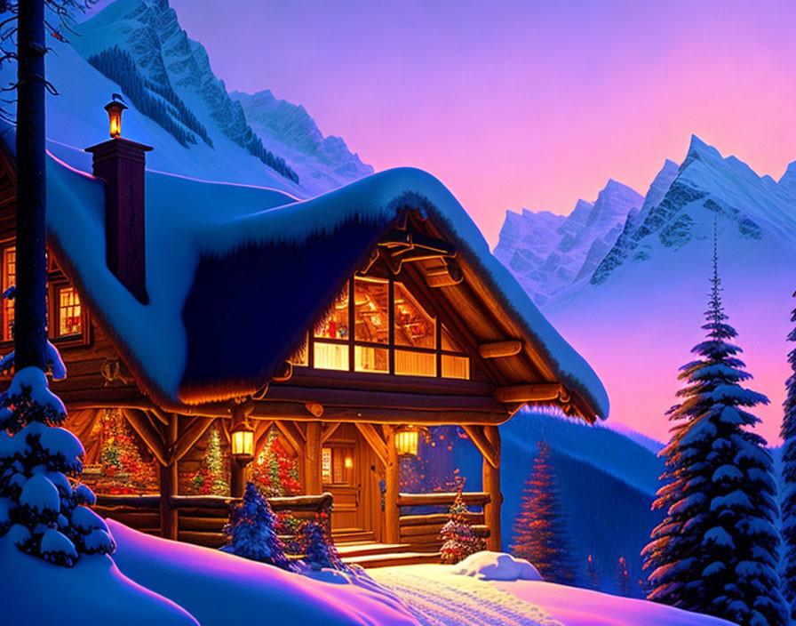 Snow-covered cabin in winter landscape with Christmas decorations