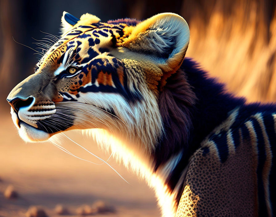 Hybrid animal with tiger head and lion mane on warm golden background