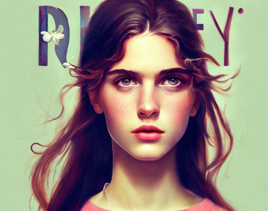 Young woman digital painting with brown hair, blue eyes, and butterfly on forehead