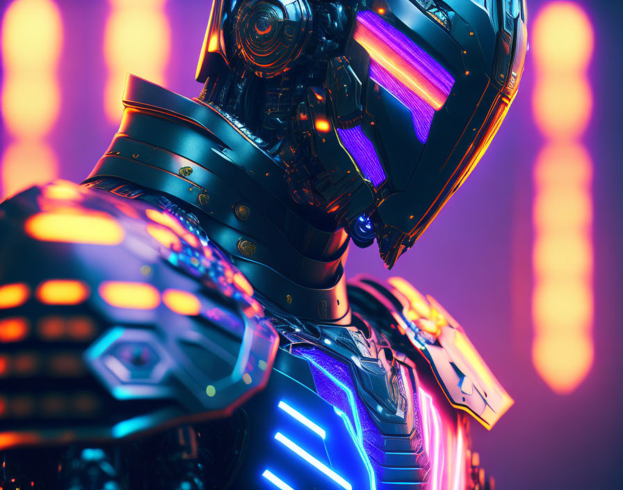 Detailed Close-Up of Futuristic Robot with Neon Blue and Purple Elements