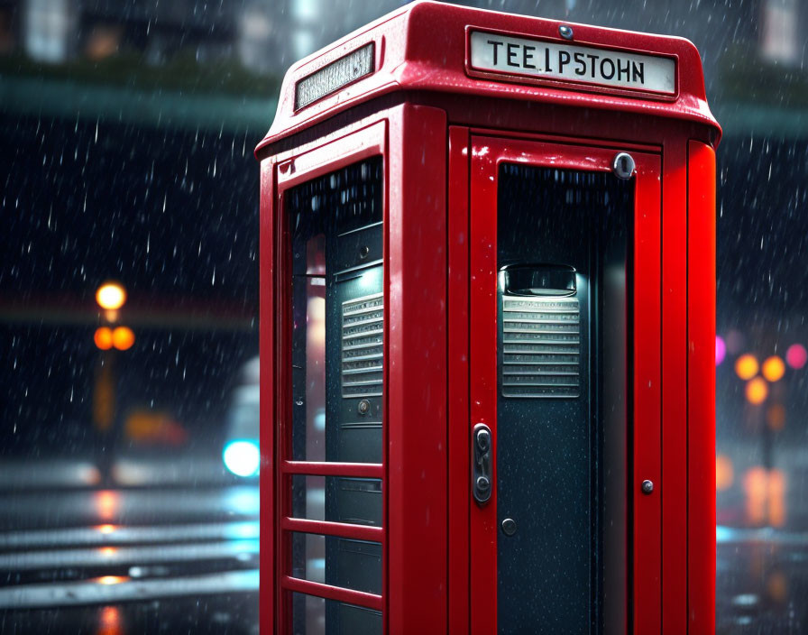 Iconic British red telephone booth in rainy night street scene.