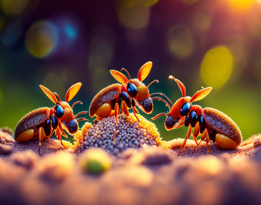 Three ants on a mound in a vibrant setting with one holding an object