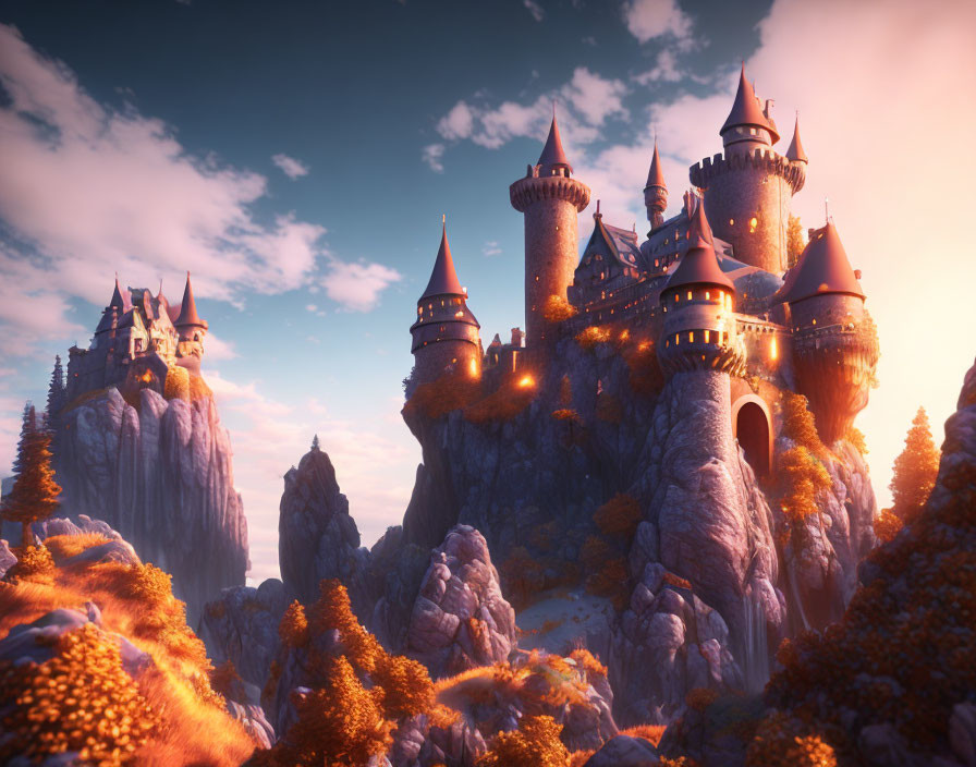 Castle on Cliff in Surreal Autumn Landscape with Glowing Sunlight