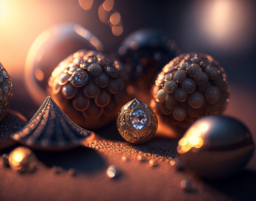 Luxurious Golden Spheres and Intricate Jewelry on Warm Background