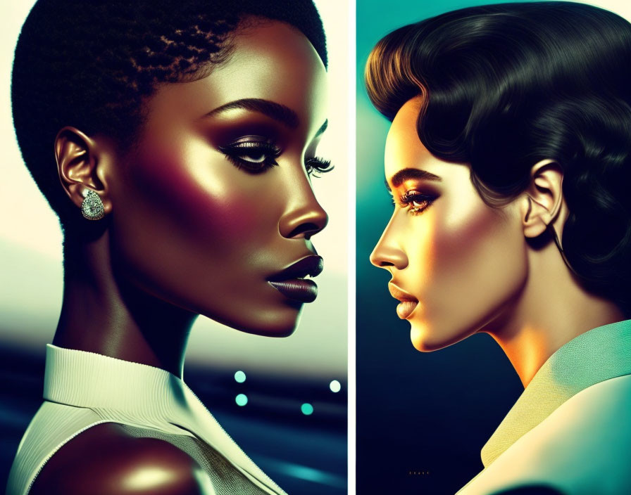 Vivid profile portraits of women with stylized makeup and hair