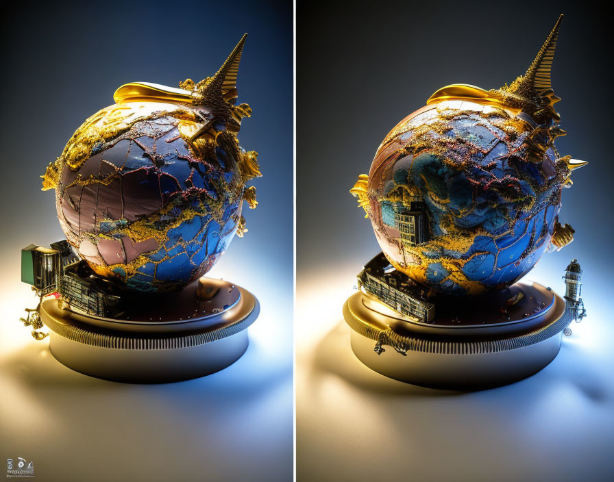 Fantasy Steampunk Globe with Metallic Elements in Dual Lighting