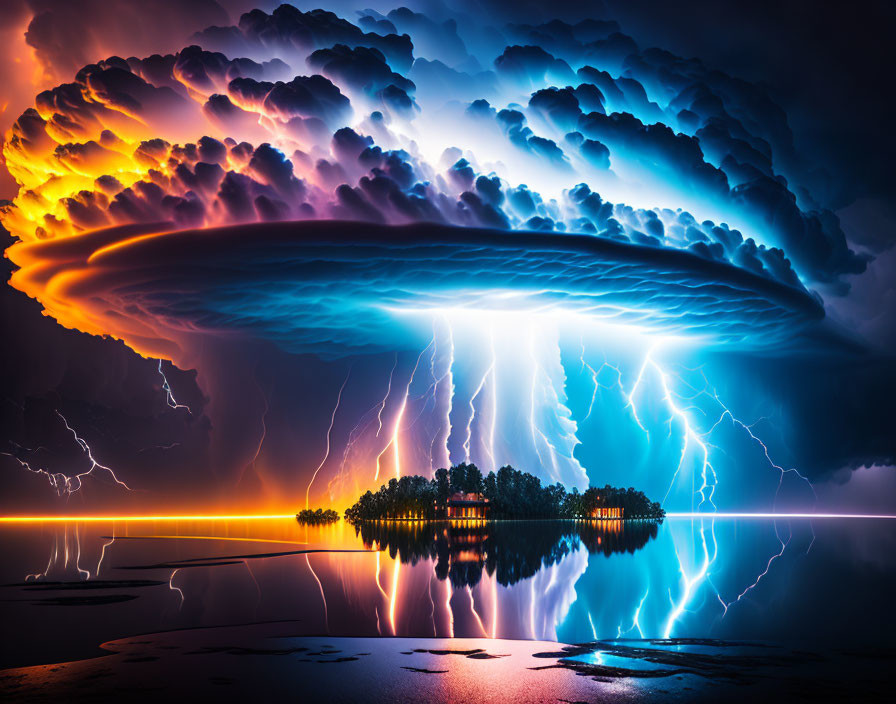 Supercell Thunderstorm with Lightning Strikes Over Water