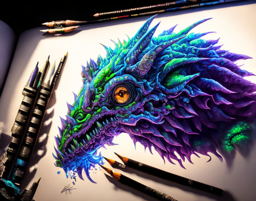 Detailed dragon drawing with vibrant colors next to pencils on sketchbook