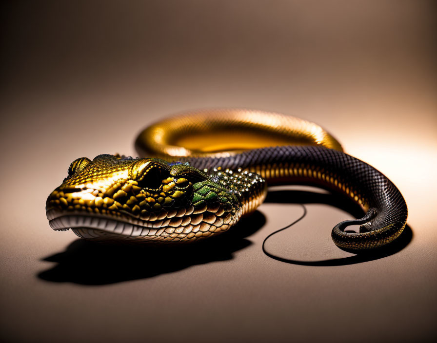 Shiny Golden and Black Snake on Dark Background