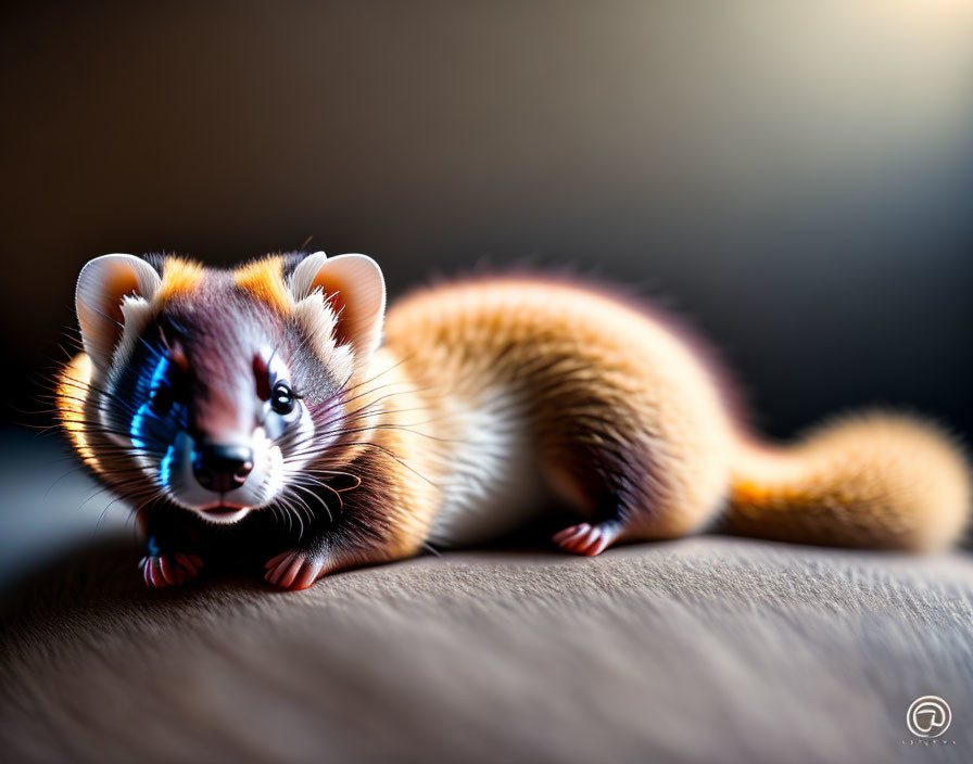 Close-up of cute ferret with brown and cream coat and blue eyes