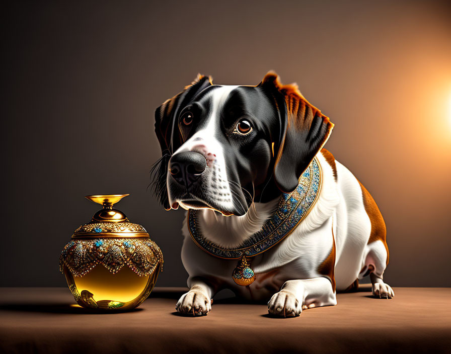 Tricolor dog with ornate necklace and golden vase on warm backdrop