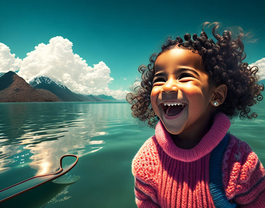 Curly-haired girl in pink and blue sweater laughing by serene lake