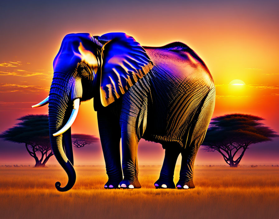 Illustrated elephant at sunset with African savanna trees