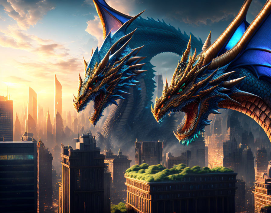 Majestic blue dragons in futuristic cityscape at sunrise