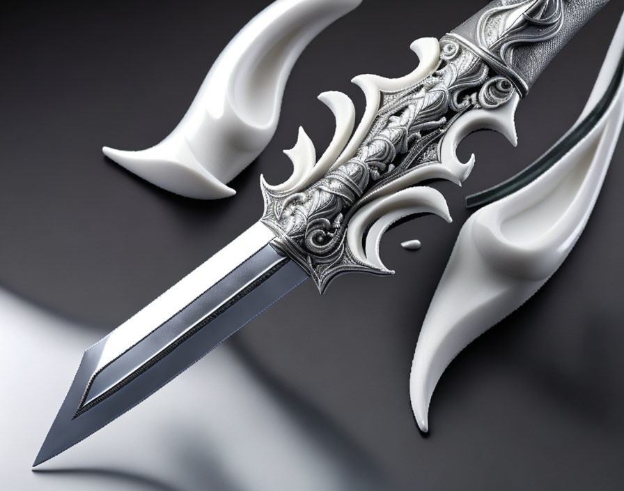 Intricately designed silver handle on dagger with sharp steel blade