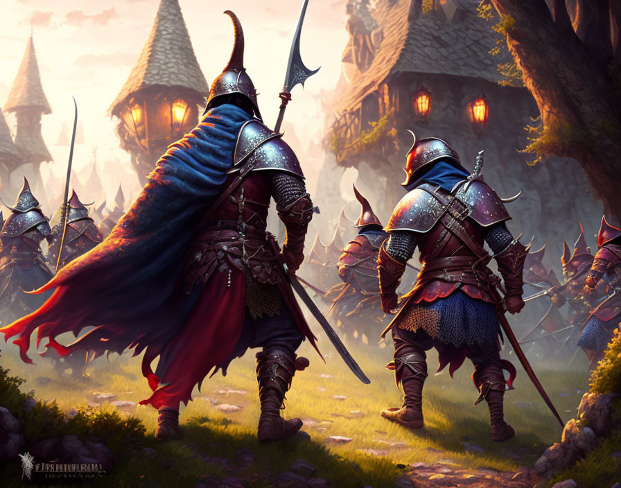 Armored knights with capes approaching medieval village with thatched houses