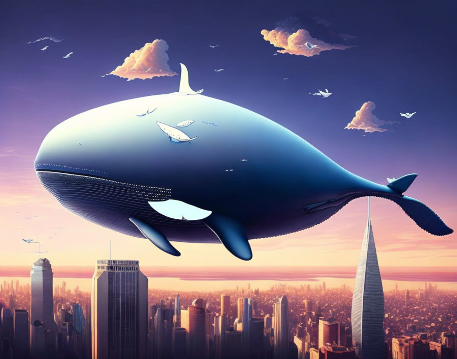 Gigantic whale above cityscape at sunset with birds.