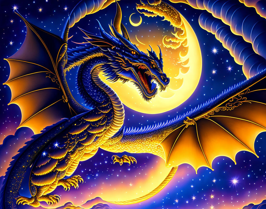 Majestic blue dragon with extended wings under yellow moon