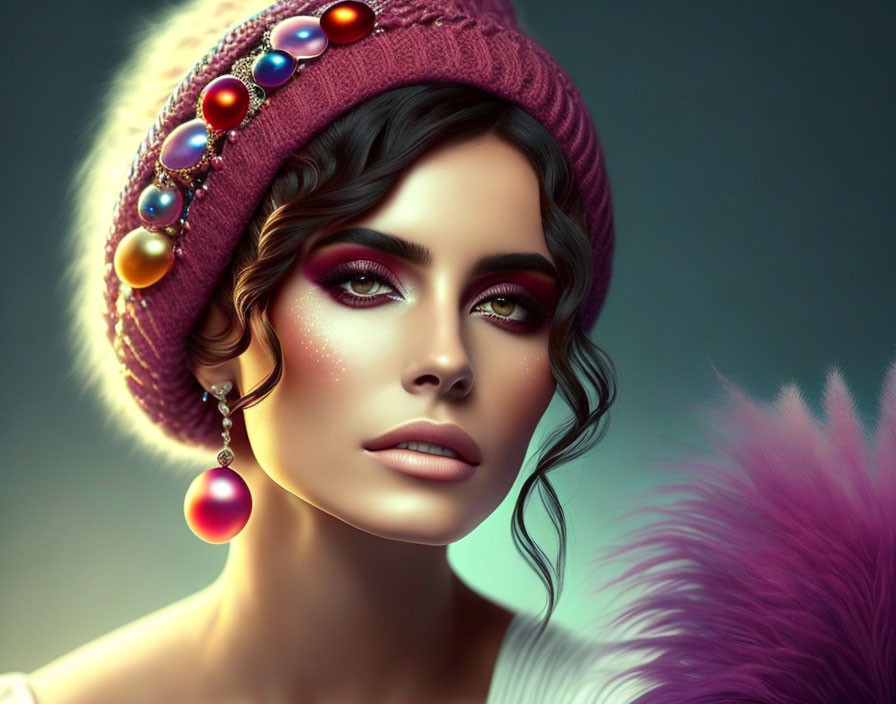 Digital portrait of woman with dramatic makeup and pink beanie in soft background