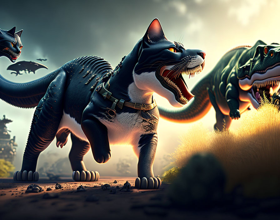 Prehistoric scene: Dinosaurs with cat heads and fur at dusk