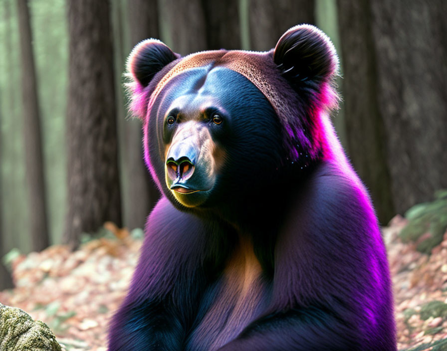 Vibrant purple and blue bear in digitally altered forest scene