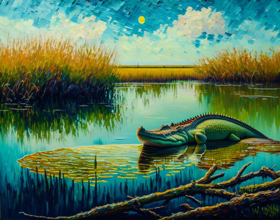 Colorful alligator painting in serene waterway with tall reeds and textured sky.