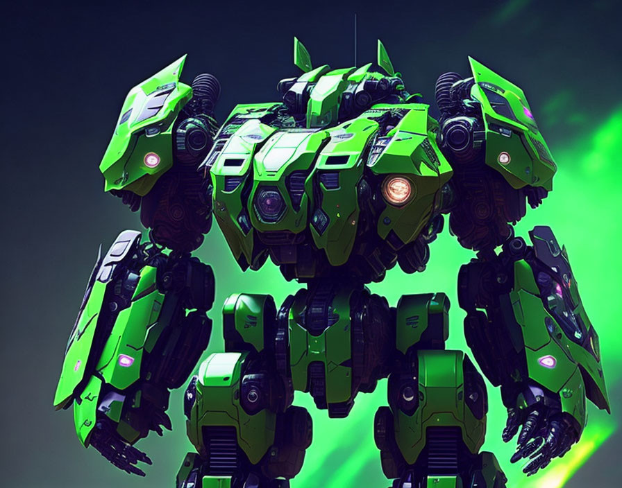 Mechanical robot with three heads, green armor, purple eyes, intricate joints, on green backdrop