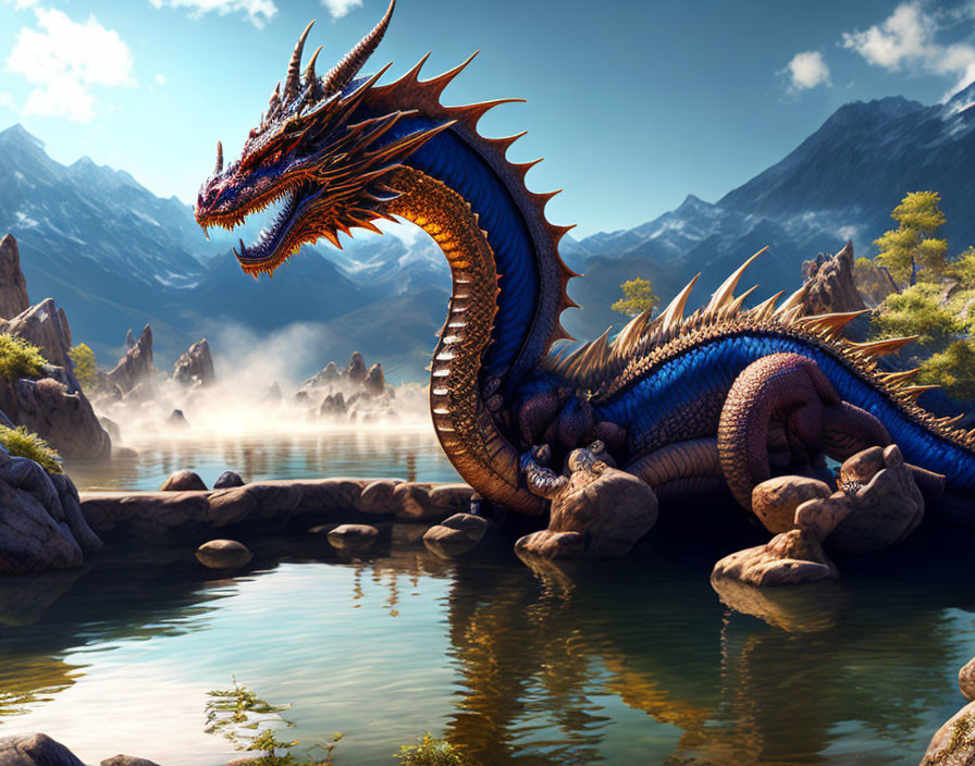 Blue dragon with orange spikes at lakeside with misty mountains.