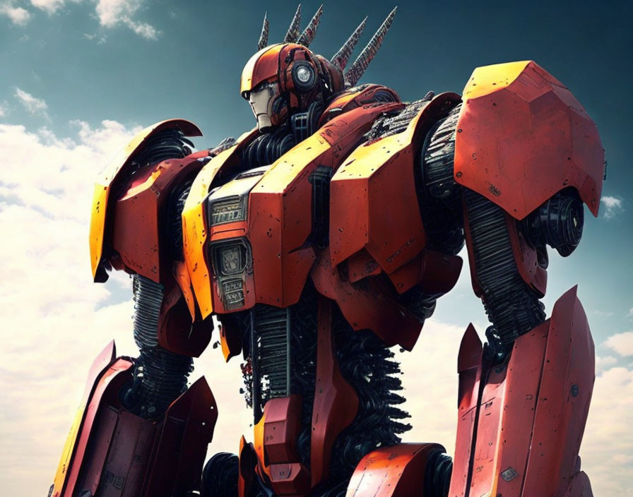 Detailed red and yellow robot with visor against cloudy sky